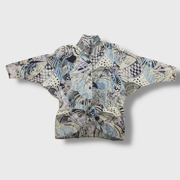C&A Vintage Button Up Shirt Size M 38 High Neck Dolman Sleeve Abstract Pattern - Picture 5 of 9